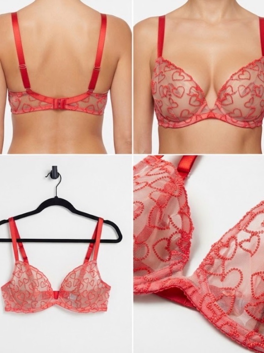 Savage X Fenty Red Heart-Embroidered Sheer Underwire Bra